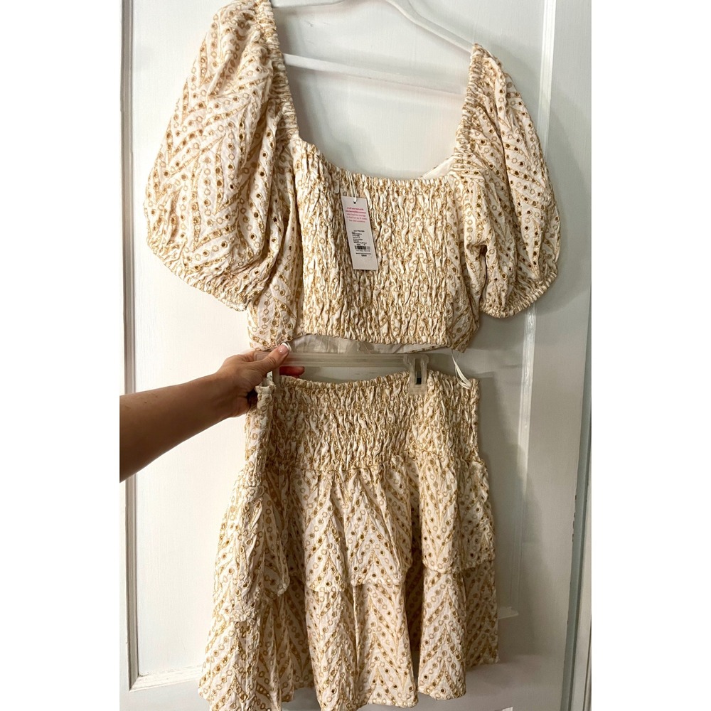Lilly Pulitzer Yara Eyelet‎ Set Size 16 Smocked Top Ruffle Mini Skirt mermaid